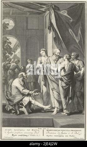 Profezia di Agabus, Jacob Folkema, dopo Houbraken, 1702 - 1767, Agabus predice che Paolo sarà legato mano e piede in Gerusalemme. Rappresentazione biblica da atti 21:10 con il titolo della rappresentazione in sei lingue nel margine., creatore di stampa: Jacob Folkema, (menzionato sull'oggetto), disegnatore intermedio: Houbraken, (menzionato sull'oggetto), 1702 - 1767, carta, incisione, incisione, h 366 mm x l 226 mm Foto Stock