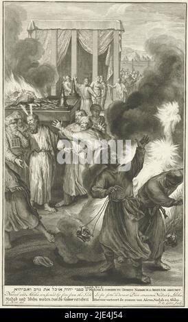 Nadab e Abihu uccisi dalle fiamme, Jacob de più tardi, dopo Gerard Hoet (i), 1728, figli di Aaronne, Nadab e Abihu, commettono un peccato agli occhi di Dio facendo il fuoco sbagliato nelle loro ciotole. Per la punizione, Dio ha bruciato i fratelli. Rappresentazione biblica di Lev. 10:1-3 con il titolo della rappresentazione in margine in sei lingue, tipografo: Jacob de later, (menzionato in oggetto), disegnatore intermedio: Gerard Hoet (i), (menzionato in oggetto), editore: Pieter de Hondt, Amsterdam, 1728, carta, incisione, incisione, h 361 mm x l 218 mm Foto Stock