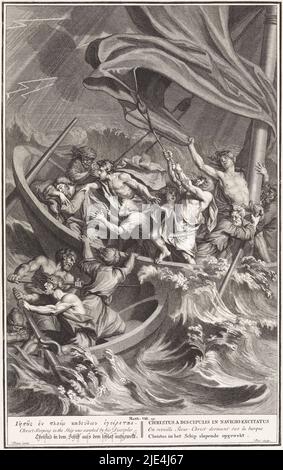 Tempesta sul mare di Galilea, piscina di Matthijs, dopo Bernard Picart, 1720 - 1728, la nave che porta Cristo e i suoi discepoli improvvisamente colpisce una tempesta pesante. I discepoli sono spaventati, ma Cristo dorme pacificamente. Illustrazione del testo biblico Mat 8:25. Sotto l'illustrazione il titolo in ebraico, inglese, tedesco, latino, francese e olandese., tipografo: Matthijs Pool, (menzionato sull'oggetto), Bernard Picart, (menzionato sull'oggetto), editore: Bernard Picart, (Possibilmente), stampatore: Amsterdam, editore: Amsterdam, editore: The Hague, 1705 - 1720 e/o 1720 - 1728, carta, incisione, incisione Foto Stock