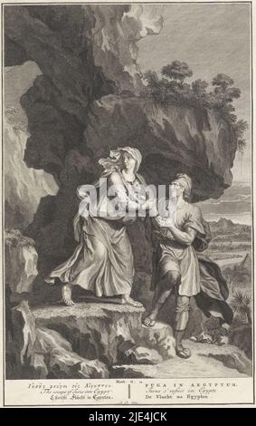 Volo in Egitto, Bernard Picart, 1693 - 1783, Maria cammina lungo alcune rocce con il bambino di Cristo in una fionda. Lei si guarda indietro sulla spalla, mentre Giuseppe afferra la mano. Sotto un titolo di una riga in Ebraico, Inglese, Tedesco, Latino, Francese e Olandese da Mat 2:14., relatore intermediario: Bernard Picart, (menzionato sull'oggetto), tipografo: anonimo, Paesi Bassi, 1693 - 1783, carta, incisione, incisione, h 360 mm x l 229 mm Foto Stock