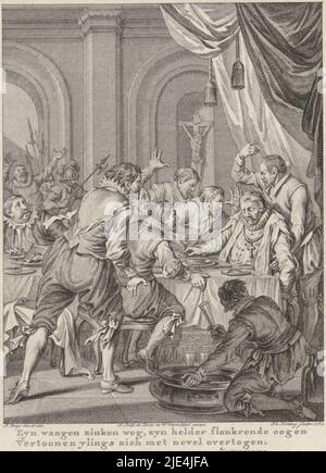 Morte di Requesens, 1576, Theodor Koning, dopo l'acquisto di Jacobus, 1782, Il capitano dell'esercito spagnolo e il governatore dei Requesens olandesi muore inaspettatamente a tavola durante un banchetto a Bruxelles, il 5 marzo 1576. Intorno a lui gli uomini terrorizzati fanno gesti selvaggi. Questa stampa fa parte di una serie di 24 stampe raffiguranti scene della vita del Principe Guglielmo i, 1568-1584 ed è un'illustrazione della sedicesima canzone., stampatore: Theodor Koning, (menzionato sull'oggetto), Jacobus buys, (menzionato sull'oggetto), editore: Johannes Smit & Zoon, (citato in oggetto), Amsterdam, 1782, carta, incisione, a 273 mm x l Foto Stock