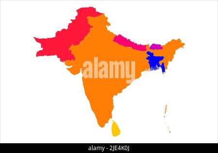 Illustrazione della mappa vettoriale dei paesi dell'Asia meridionale su sfondo bianco Foto Stock