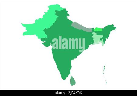 Bella area geografica verde dei paesi dell'Asia del sud su sfondo bianco Foto Stock