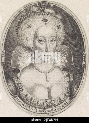 Ritratto di Anna di Danimarca, Simon van de Passe, 1800 - 1899, Medallion con il ritratto di Anna di Danimarca, Regina d'Inghilterra. Sotto il ritratto il nome e la funzione della persona raffigurata in latino, in immagine speculare. Sul retro del medaglione lo stemma della persona raffigurata., stampatore: Simon van de Passe, (menzionato sull'oggetto), Londra, 1605 - 1647 e/o 1800 - 1899, carta, incisione, h 55 mm - w 43 mm Foto Stock