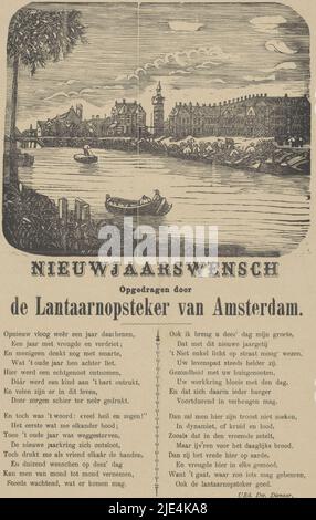 Il desiderio del nuovo anno dall'accendino di Amsterdam, Hendrik Frederik Koen, 1838 - 1914, nel mezzo sopra un fiume con alcune barche ed edifici sull'acqua. Al di sotto di queste due colonne con ogni sedici righe di testo olandese. A nome del lanternlighter P. Schouten., tipografo: Hendrik Frederik Koen, (menzionato sull'oggetto), tipografo: J.W. du Mée, (menzionato sull'oggetto), Amsterdam, 1838-1914, carta, stampa su carta intestata, h 312 mm x l 205 mm Foto Stock