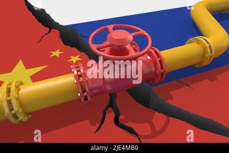 Gasdotto o oleodotto con valvola sullo sfondo delle bandiere di Russia e Cina. Sanzioni finanziarie e embargo energetico a causa dell'invasione di Ukrai Foto Stock