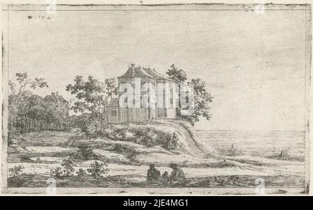 Casa in un paesaggio collinare, Joris van der Haagen, 1652, tipografo: Joris van der Haagen, (menzionato sull'oggetto), l'Aia, 1652, carta, incisione, h 117 mm x l 192 mm Foto Stock