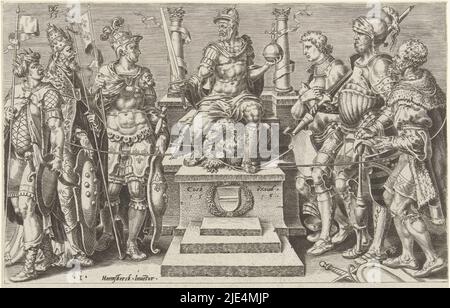 L'imperatore Carlo V circondato dai suoi avversari scomparsi, Dirck Volckertsz. Coornhert, dopo Maarten van Heemskerck, 1556, l'imperatore Carlo V è seduto su un trono, con un'aquila tra i suoi piedi. L'aquila ha nel suo becco un anello al quale sono attaccate corde da cui i nemici sconfitti dell'imperatore sono legati. A sinistra del trono si trovano Francesco i, re di Francia, Papa Clemente VII e il monarca turco Süleyman I. a destra i principi protestanti tedeschi Filippo i, Landgravio d'Assia, l'Elettore di Sassonia e Guglielmo II, duca di Gelre, Kleve, Gulik e Berg. La stampa è in latino Foto Stock