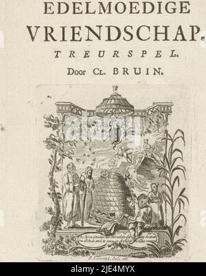 Su un palco, le figure sono in piedi intorno ad un alveare, un simbolo del teatro di Amsterdam. Sullo sfondo il cavallo alato Pegasus vola e Apollo gioca il verricello sul Monte Parnaso. Lo spettacolo è incorniciato da foglie e rami, e in cima è lo stemma della città di Amsterdam. Su un bordo sotto l'alveare si trova un versetto a due righe in olandese, cifre intorno a un alveare pagina del titolo di fronte: C. Brown, specchio di generosa amicizia, tipografia: Pieter Langendijk (i), (menzionato sull'oggetto), editore: Izaak duim, (menzionato sull'oggetto), Amsterdam, 1767, carta, stampa tipografica Foto Stock