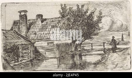 Una donna con cesti sul suo braccio che cammina su una diga ad un piccolo ponte che conduce ad una fattoria. Di fronte ad esso due salici di pollard, Paesaggio con fattoria, tipografo: Jan Gerard Smit, (menzionato sull'oggetto), l'Aia, 1838 - in o prima del 1885, carta, incisione, h 40 mm - w 75 mm Foto Stock