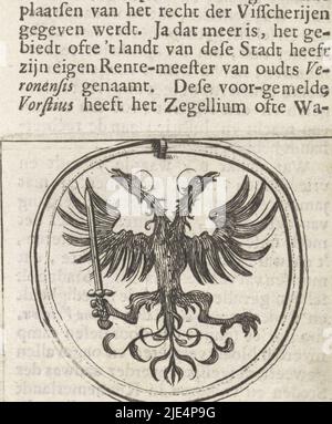 Stemma con un'aquila a doppia testa con spada. Si dice che questo stemma del villaggio frisone occidentale distrutto nel 1297 sia stato trovato da Nicholas Vorstius. Sopra e sotto il testo stampato in stampatello, stemma del villaggio di Vronen nella Frisia occidentale., tipografia: Hendrik Jacobsz Soeteboom, Zaandam, 1658, carta, incisione, incisione, stampa su carta intestata, h 54 mm x l 63 mm, h 132 mm x l 67 mm Foto Stock