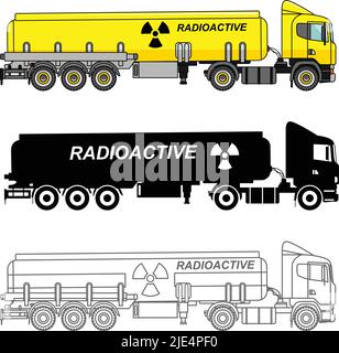 Illustrazione dettagliata dei carrelli cisterna che trasportano sostanze chimiche, radioattive, tossiche e pericolose isolate su sfondo bianco in stile piatto. Illustrazione Vettoriale