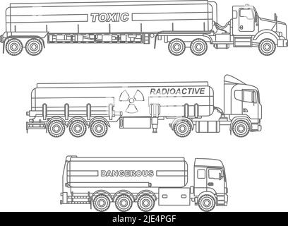 Illustrazione dettagliata dei carrelli cisterna che trasportano sostanze chimiche, radioattive, tossiche e pericolose isolate su sfondo bianco in stile piatto. Illustrazione Vettoriale