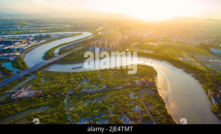 Zhejiang ningbo yinzhou fenghua vista aerea del fiume Foto Stock