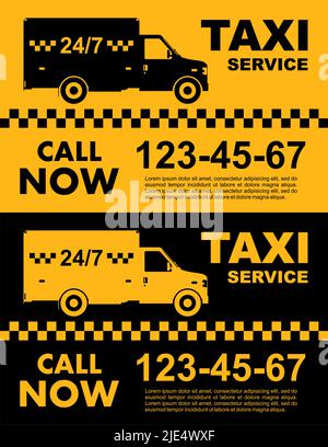Servizio taxi design su sfondo giallo e nero. Silhouette dell'auto. Illustrazione piatta vettoriale. Banner, poster o volantino. Illustrazione Vettoriale
