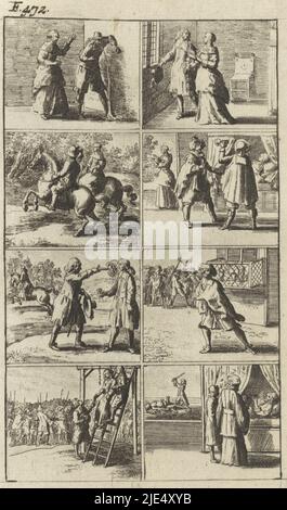 Storia in otto scene con alcune scene di omicidio e pena di morte. Tra cui un uomo che è stato girato, una donna su una zangata e una persona che è stato violentato. In alto a sinistra: F. 472., Storia con scene di omicidio e pena di morte., tipografia: Abraham Dircksz. Santvoort, editore: Gerrit van Goedesberg, tipografo: Olanda, editore: Amsterdam, 1667, carta, incisione, h 155 mm x l 94 mm Foto Stock