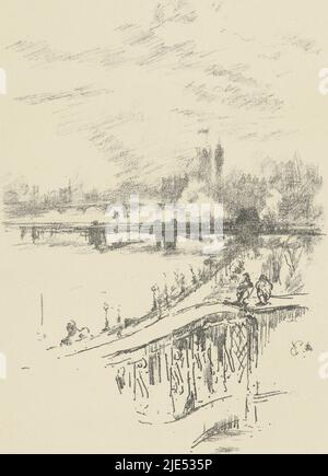 Vista del fiume Tamigi verso Westminster da un balcone dell'hotel Savoy, Savoy Pigeons., tipografo: James Abbott McNeill Whistler, (menzionato sull'oggetto), stampatore: Thomas Robert Way, editore: The Studio, (menzionato sull'oggetto), Londra, 1896, carta, h 284 mm x l 200 mm Foto Stock