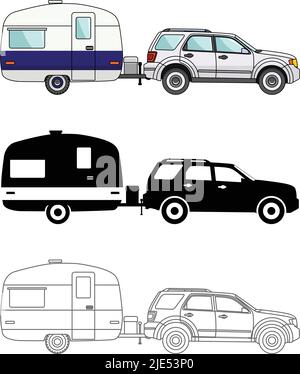 Diversi tipi di auto e rimorchi da viaggio isolati su sfondo bianco in stile piatto: Colorato, nero silhouette, contorno. Illustrazione vettoriale. Illustrazione Vettoriale
