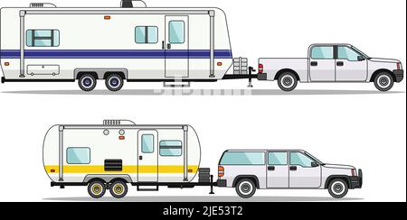 Set di auto e roulotte su sfondo bianco in stile appartamento. Illustrazione Vettoriale. Illustrazione Vettoriale