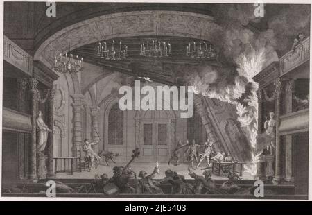 Vista della scena con lo scoppio di un incendio al Teatro di Amsterdam durante lo spettacolo del 11 maggio 1772. I membri dell'orchestra fuggono dal pozzo dell'orchestra. Parte di una serie di quattro stampe con il titolo stampa circa l'incendio nell'Amsterdamse Schouwburg, scoppio di un incendio nell'Amsterdamse Schouwburg, 1772 l'incendio nella damse Schouwburg, 1772, tipografia: Cornelis Bogerts, disegnatore intermedio: Pieter Barbiers (i), Paesi Bassi del Nord, 1772, carta, incisione, incisione, a 267 mm x l 356 mm Foto Stock