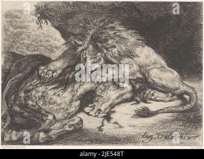 Lion devours un cavallo Lion dévorant un cheval, tipografo: Eugène Delacroix, (menzionato sull'oggetto), dopo: Eugène Delacroix, (menzionato sull'oggetto), tipografo: Victor Jacques Bertauts, (menzionato sull'oggetto), Parigi, 1844, carta, a 282 mm x l 413 mm Foto Stock