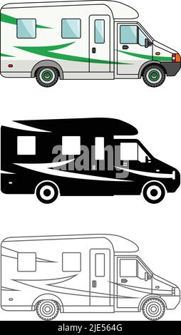 Illustrazione dettagliata di auto e rimorchi di viaggio isolati su sfondo bianco in uno stile piatto. Illustrazione Vettoriale