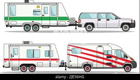 Set di auto e roulotte su sfondo bianco in stile appartamento. Illustrazione Vettoriale. Illustrazione Vettoriale