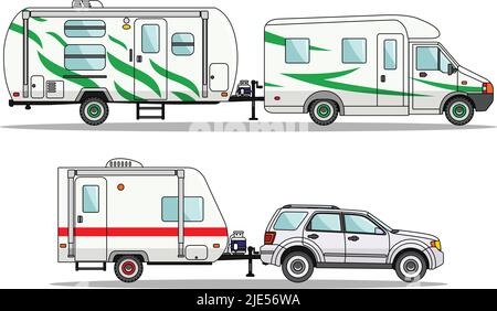 Set di auto e roulotte su sfondo bianco in stile appartamento. Illustrazione Vettoriale. Illustrazione Vettoriale