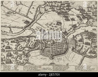 Mappa della città di Haarlem e della zona circostante con gli eserciti delle truppe spagnole assedianti di Don Frederik. Sopra Alderman Alva e il principe di Orange sulle acque del Haarlemmermeer. L'assedio iniziò il 11 dicembre 1572. Con didascalia di 16 righe in tedesco. Numerato: 10, Assedio di Haarlem, 1572 Serie 6: Eventi olandesi, 1571-1576 (titolo della serie)., tipografo: Frans Hogenberg, Colonia, 1572 - 1574, carta, incisione, a 221 mm x l 301 mm Foto Stock