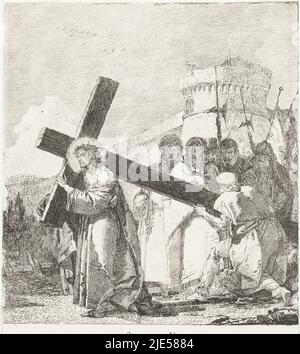 Simone di Cirene aiuta Cristo a portare la croce sulla sua strada verso il Calvario. Nel margine sottostante lo spettacolo ci sono due righe di testo italiano, Simon van Cyrene aiuta Cristo a portare la croce Stazione viene aiutato dal Cireneo a portar la Croce, stazioni della Croce (titolo della serie) Via Crucis (titolo della serie)., tipografo: Giovanni Domenico Tiepolo, Giovanni Domenico Tiepolo, Venezia, 1747 - 1749 e/o 1749, carta, incisione, h 219 mm x l 173 mm Foto Stock