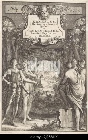 Ernst i il Pio, accompagnato da un angelo, si trova di fronte a Ismail, sultano del Marocco, affiancato da due figure. Sullo sfondo, il sultano si siede nella barca del ferrista Charon ed è picchiato da due dei suoi ex schiavi. Menzionato in cima: Luglio / 1729., conversazione tra Ernst i il Pio e Ismail del Marocco Ernesto, Duca di Sassonia-gotha, e Muley Ismaél, ultimo Keyser del Marocco., creatore di stampa: anonimo, editore: Johannes Ratelband (i), Amsterdam, lug-1729, carta, incisione, h 129 mm - l 88 mm Foto Stock