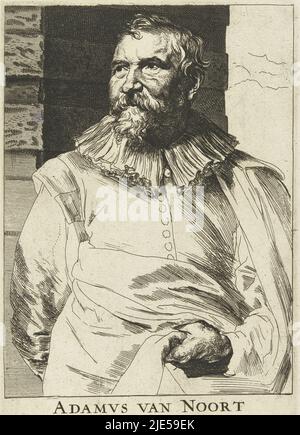 Ritratto di Adam van Noort con didascalia ADAMVS VAN NOORT ANTVERPIAE PICTOR ICONVM, Ritratto di Adam van Noort Iconographie (titolo della serie), Print maker: Anthony van Dyck, (menzionato sull'oggetto), Print maker: anonymous, disegnatore intermediario: Anthony van Dyck, Paesi Bassi, 1630 - 1632, carta, incisione, incisione, a 247 mm x l 157 mm Foto Stock