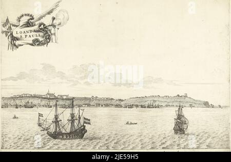 Vista di Luanda (São Paulo de Luanda) in Angola (metà destra), ca. 1641. Pannello destro di una grande rappresentazione stampato su due lastre. La città conquistata da una flotta olandese del MIC sotto il comando di Cornelis Cornelisz Jol, alias Houtebeen il 24 agosto 1641. Numerose navi olandesi al largo della costa. Nel cielo una banderuola alata con il titolo decorato con due corna fumé, bandiere e una corona di alloro. Nella didascalia la spiegazione delle lettere G-M in latino, Vista di Luanda (metà destra), c.. 1641 Loanda S. Pauli., tipografo: Jan van Bosterhuyzen, (attribuito a), tipografo: Salomon Savery Foto Stock