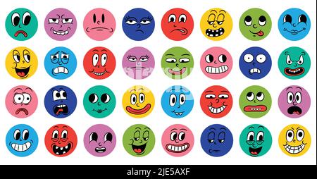 Set di fumetti fumetti in stile retrò con diverse espressioni di emozioni. Icone astratte rotonde di teste di personaggi emotivi. Emoji Illustrazione Vettoriale