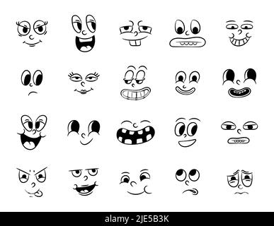 Collezione di vecchi cartoni animati tradizionali retrò. Vintage volti di persone con diverse emozioni del 20s 30s. Espressioni di carattere emoji 50s Illustrazione Vettoriale