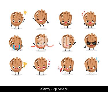 Guanti da baseball set di personaggi sportivi emozioni. Illustrazione vettoriale piatta Illustrazione Vettoriale