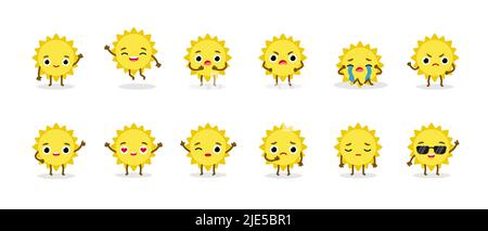 Imposta i personaggi di Summer Sun Emoji. Pianeta mascotte con facce e mani Illustrazione Vettoriale