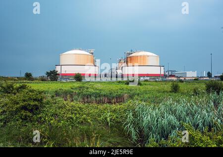 Serbatoi di stoccaggio del gas sul sito National Grid, Isle of Grain, Kent, Inghilterra, Regno Unito Foto Stock
