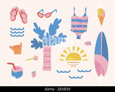 Illustrazione di viaggio, con sole, mare, surf, fragola, elementi per gelato, bicchieri e infradito. Riposatevi sul mare Illustrazione Vettoriale