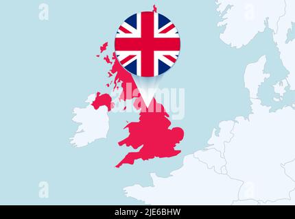 Europa con mappa del Regno Unito selezionata e icona della bandiera del Regno Unito. Mappa vettoriale e flag. Illustrazione Vettoriale