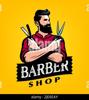 Cartello per barbiere. Emblema del salone di bellezza uomo. Hairstylist, barbiere con barba e baffi illustrazione vettoriale Illustrazione Vettoriale