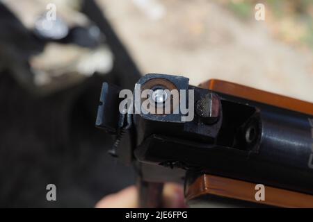 Pistola ad aria compressa con la pistola-shield e agglomerati in forma di  pellets nella casella Foto stock - Alamy