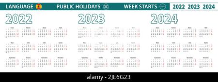 Semplice modello di calendario in spagnolo per 2022, 2023, 2024 anni. La settimana inizia dal lunedì. Illustrazione vettoriale. Illustrazione Vettoriale