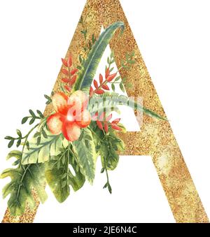 Lettera d'oro A dell'alfabeto inglese con un bouquet acquerello di foglie e fiori tropicali. Illustrazione vettoriale disegnata a mano. Illustrazione Vettoriale