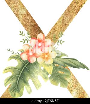 Lettera d'oro X dell'alfabeto inglese con un bouquet acquerello di foglie e fiori tropicali. Illustrazione vettoriale disegnata a mano. Illustrazione Vettoriale