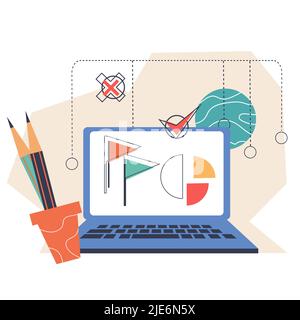 Laptop che mostra grafici e grafici per l'analisi dei dati concetto di statistiche aziendali. Analisi aziendale e valutazione dei rischi di investimento, flat vettoriale illustra Illustrazione Vettoriale