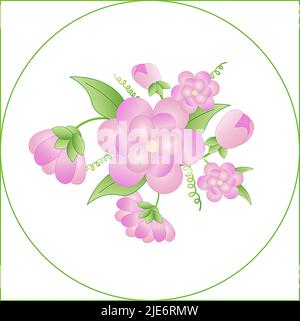 Delicati fiori rosa all'interno del bordo circolare isolati su sfondo bianco Foto Stock