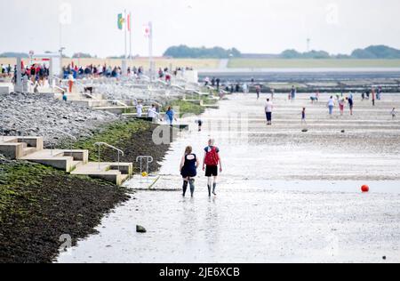 Norddeich, Germania. 25th giugno 2022. Numerosi turisti camminano attraverso il Mare di Wadden sulla costa del Mare del Nord con la bassa marea. La Renania settentrionale-Vestfalia è il primo stato tedesco ad iniziare la sua vacanza estiva. Credit: Hauke-Christian Dittrich/dpa/Alamy Live News Foto Stock