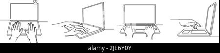 Notebook a una linea con le mani. Persone che digitano sulla tastiera del computer portatile, la comunicazione Internet e il set di vettori di illustrazione di lavoro in linea Illustrazione Vettoriale