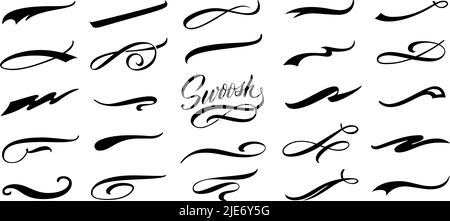 Swoosh calligrafico. Decorazione simboli swish, retrò sottolineano swoooses code e testo tipografico atletico sottolineano il vettore set Illustrazione Vettoriale